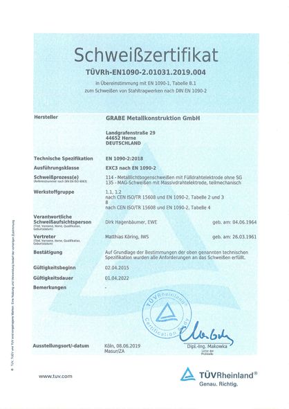 Schweißzertifikat Grabe Metallkonstruktion GmbH